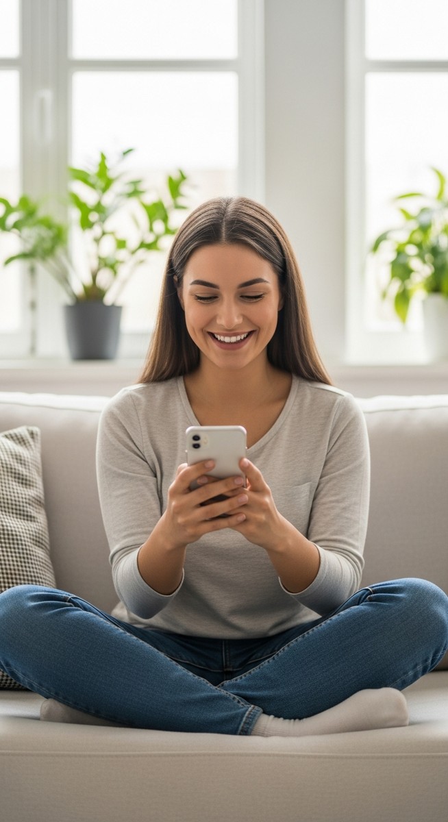 woman smiling at her phone in a bright living room