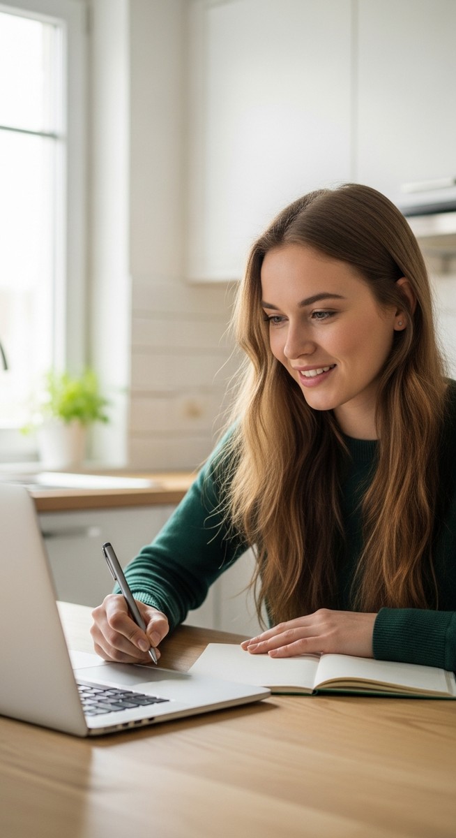 young woman taking notes next to her laptop at a kitchen table