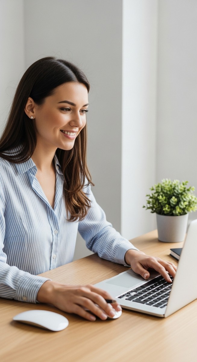 woman looking satisfied at her laptop screen at home