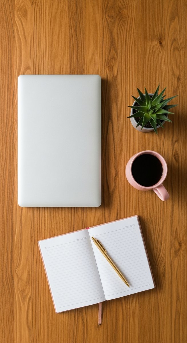 flatlay of a planner, laptop, and succulent on a wooden surface