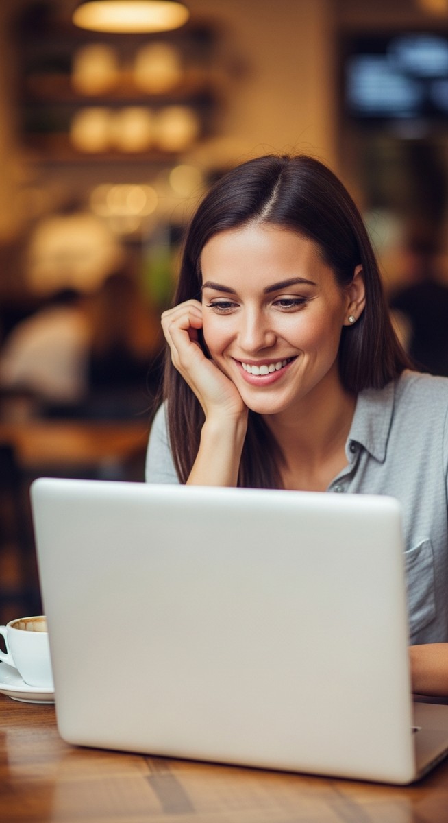 woman working happily on her laptop