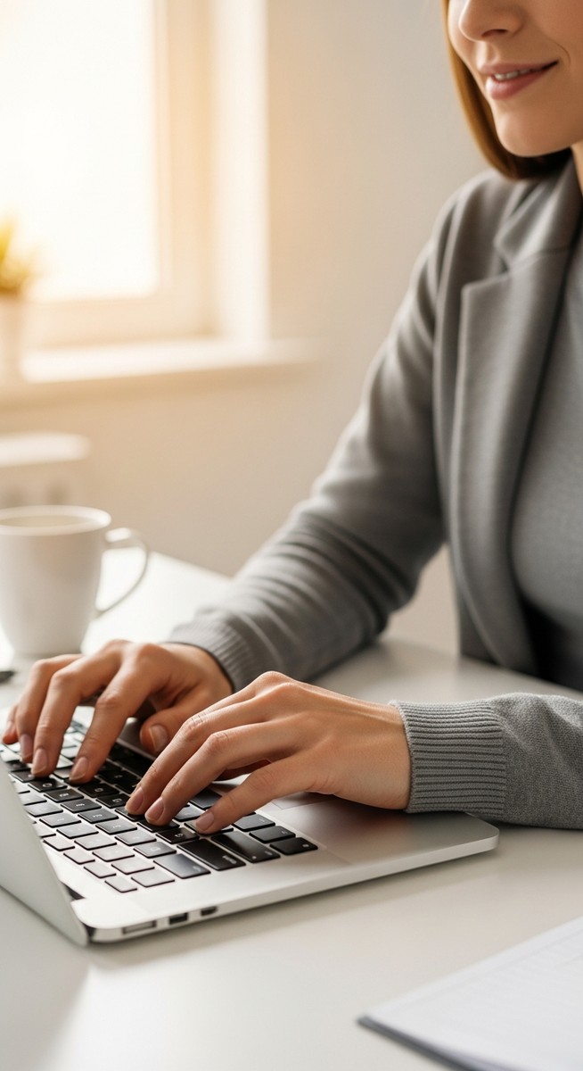 woman typing on a laptop at a bright clean desk