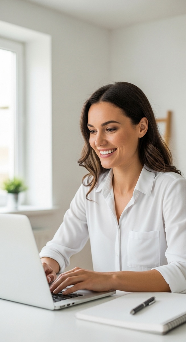 woman working confidently on her laptop at a bright home desk