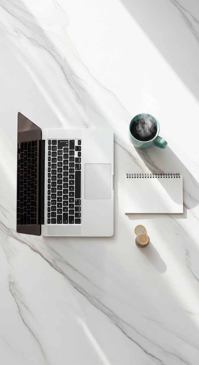flatlay of a laptop and teal mug on a marble surface