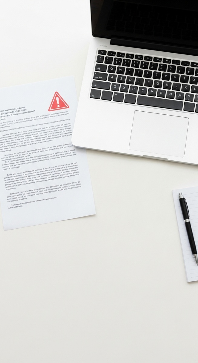 flatlay of a laptop, a printed document with a warning symbol, a pen and a notepad on a white desk