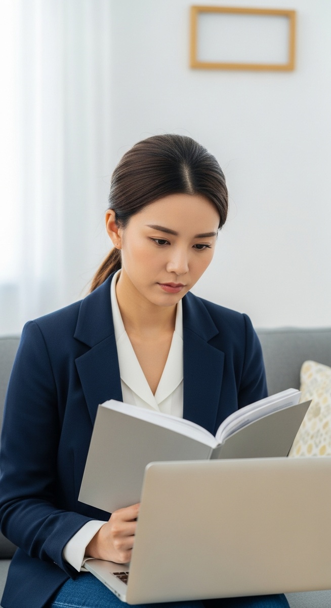woman reading carefully on a laptop with a serious expression while sitting on a sofa