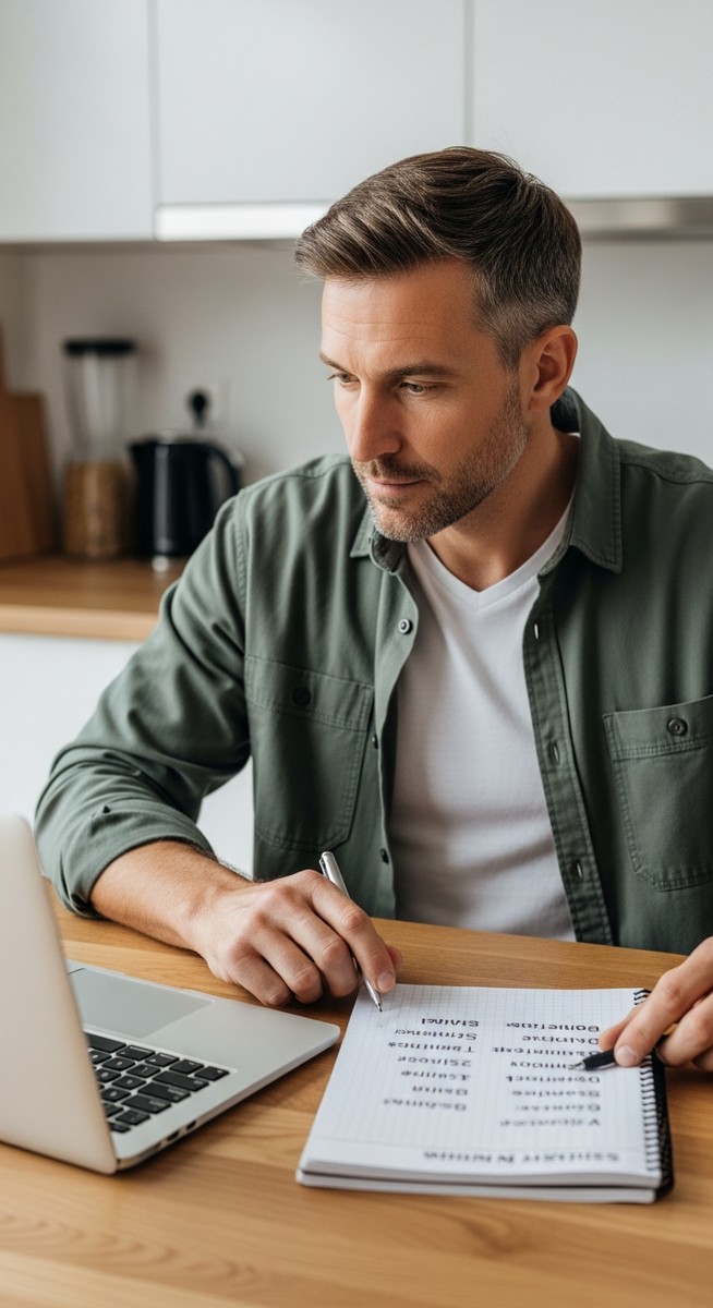 a man carefully reviewing side hustle options on a laptop at a kitchen table for side hustles