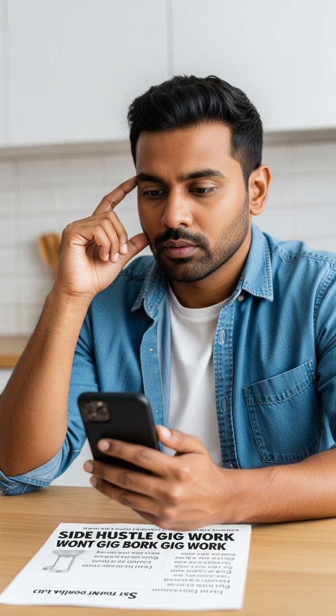 a man looking questioningly at a side hustle listing on his smartphone at a kitchen table for side hustles