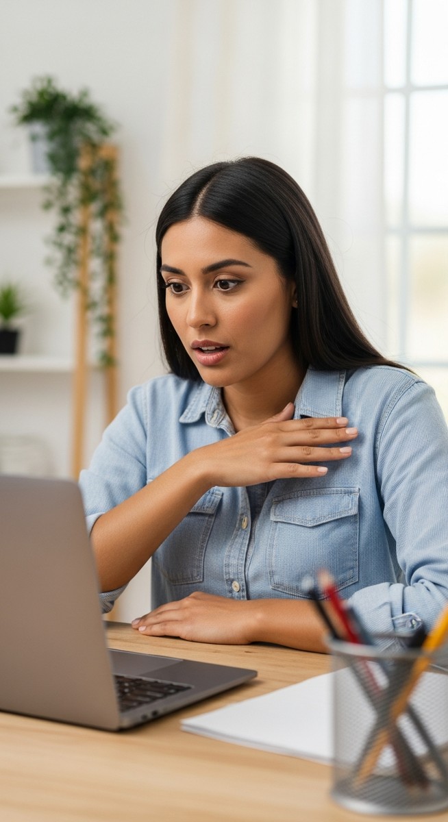 woman looking surprised at something she is reading on a laptop at a home desk