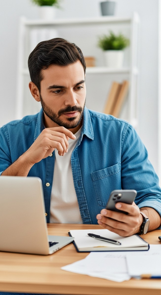 a man looking cautiously between a laptop and a phone at a home desk for side hustles