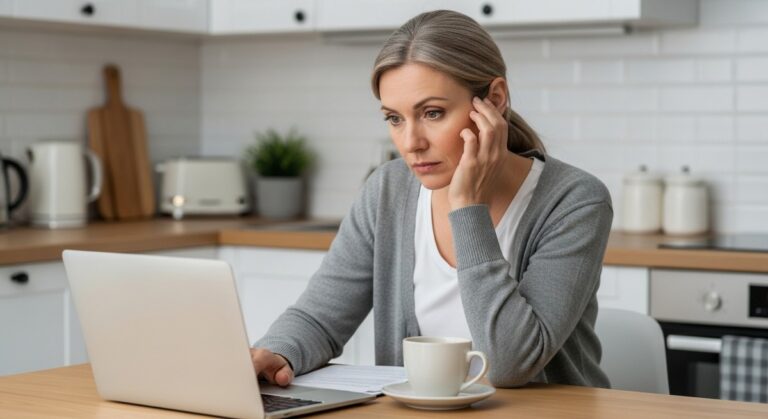 a woman looking warily at her laptop over a coffee at a kitchen table for side hustles