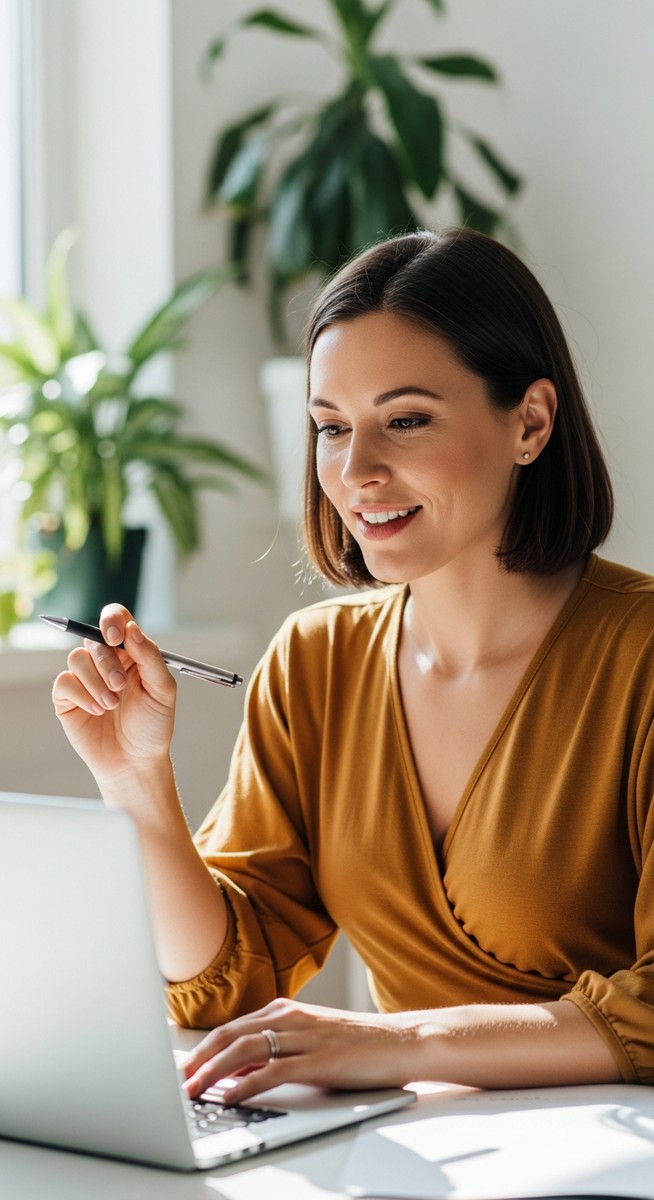 a woman smiling and thinking at her home office desk to work from home