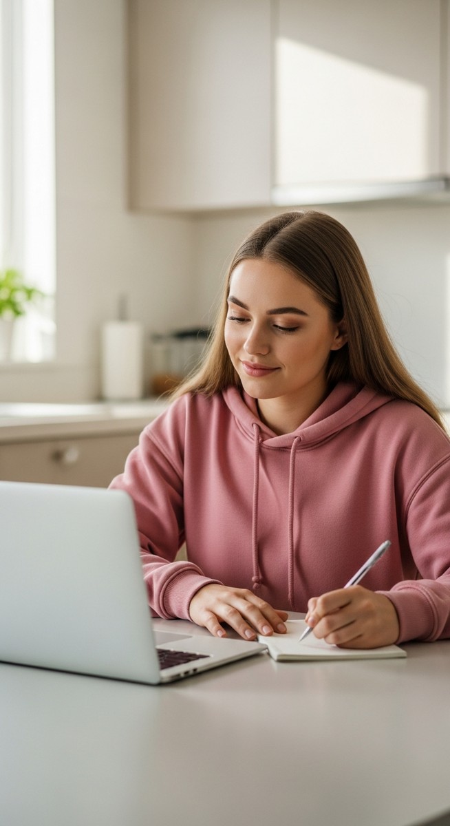 young woman taking notes next to her laptop at a kitchen table