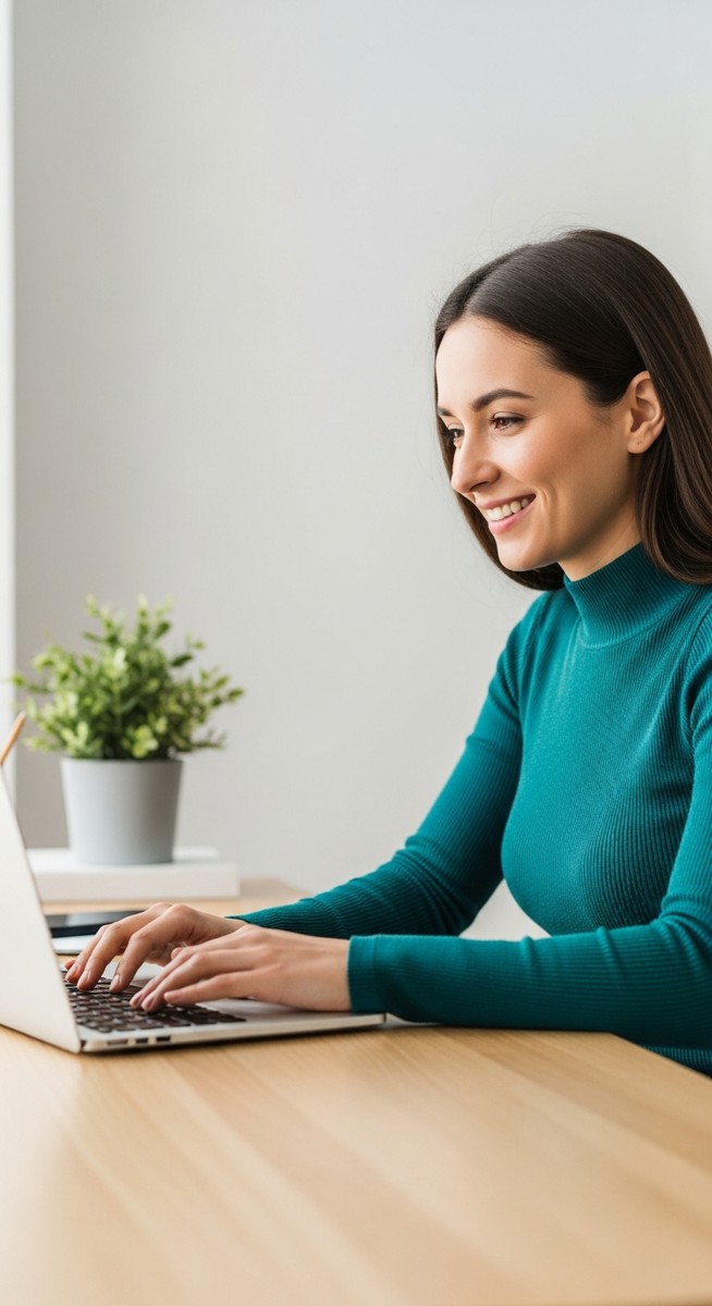 woman looking satisfied at her laptop screen at home