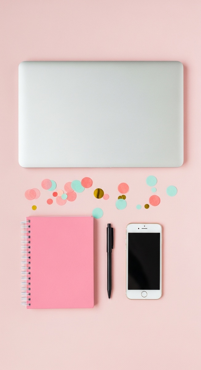 a pink flatlay with laptop, notebook, and phone to work from home