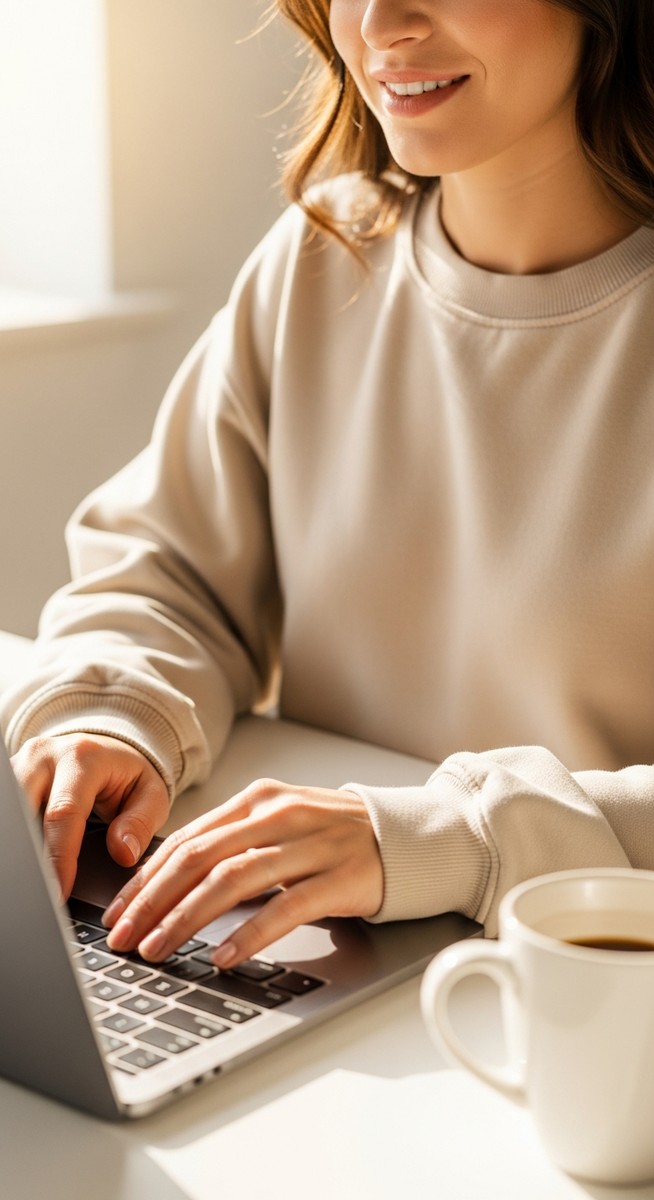 a woman typing on a laptop at a bright clean desk to work from home