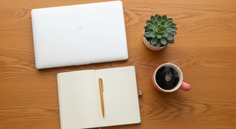 a flatlay of a planner, laptop, and succulent on a wooden surface to work from home