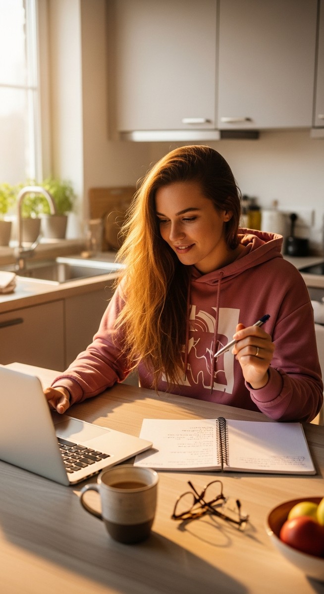 young woman taking notes next to her laptop at a kitchen table