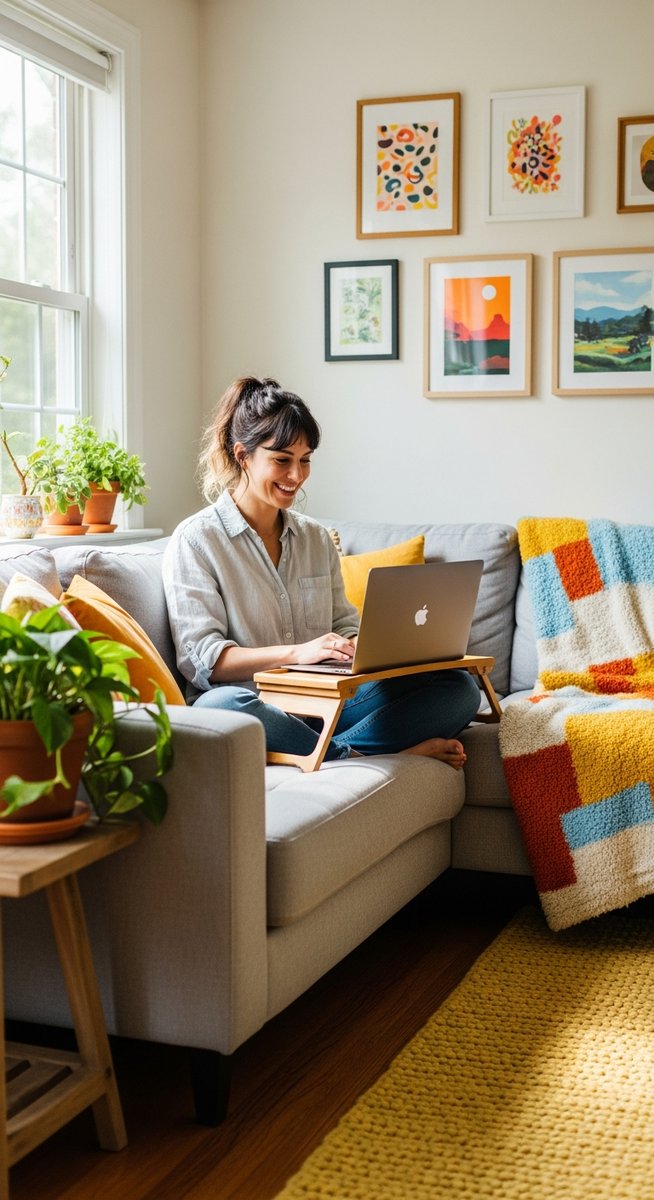 woman smiling while working on her laptop at home
