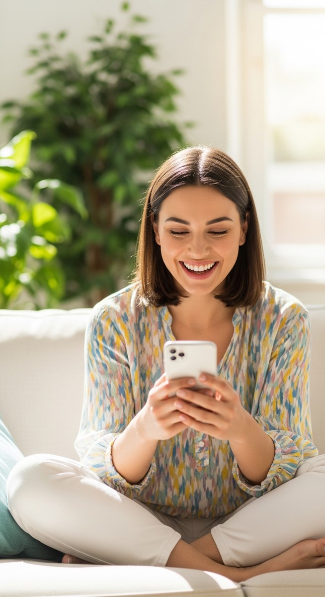 woman smiling at her phone in a bright living room