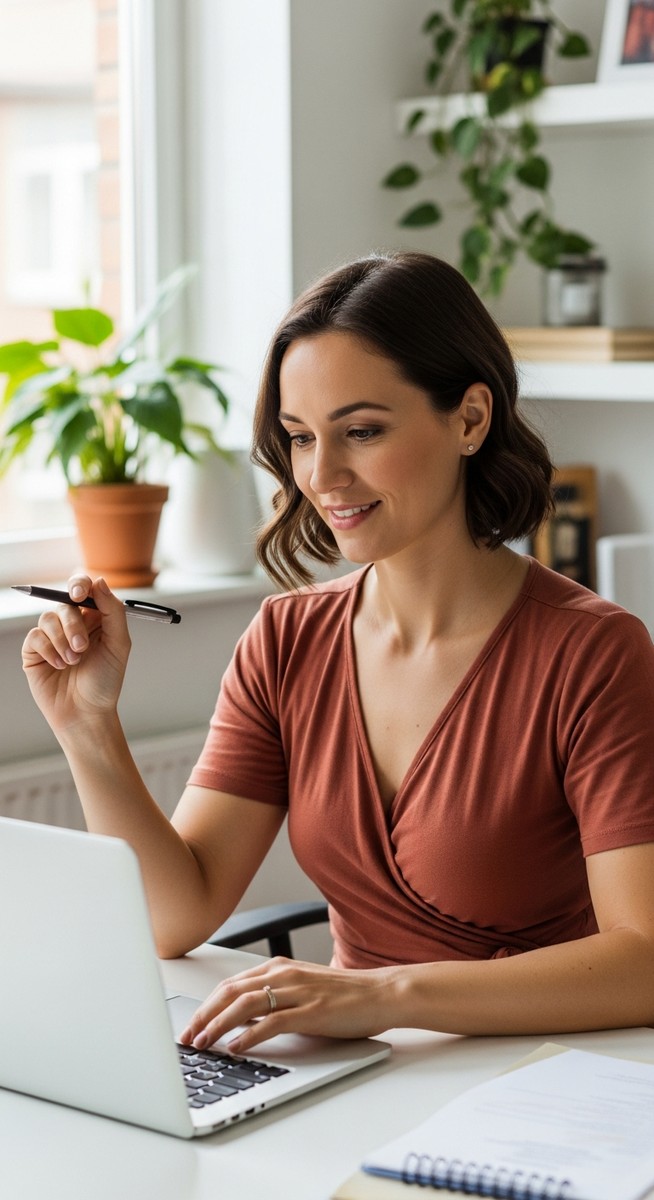 woman smiling and thinking at her home office desk