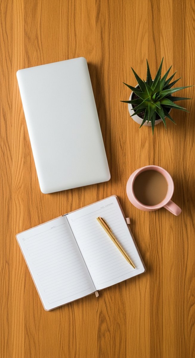 flatlay of a planner, laptop, and succulent on a wooden surface