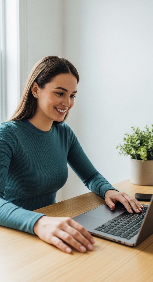 woman looking satisfied at her laptop screen at home