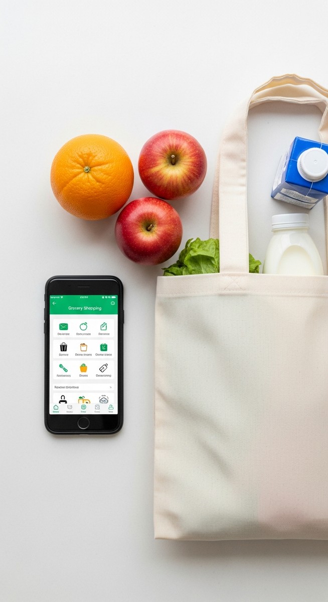 flatlay of a smartphone with a grocery app, a reusable bag and grocery items on a kitchen surface