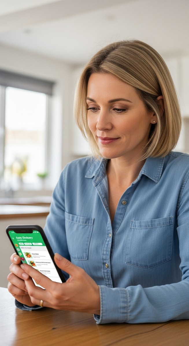 woman reviewing a grocery delivery app on her smartphone at a kitchen table
