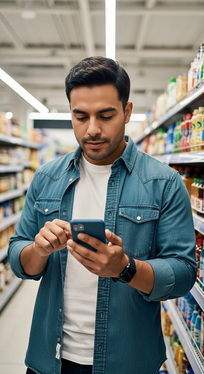 man comparing a product on a shelf to his smartphone in a supermarket aisle