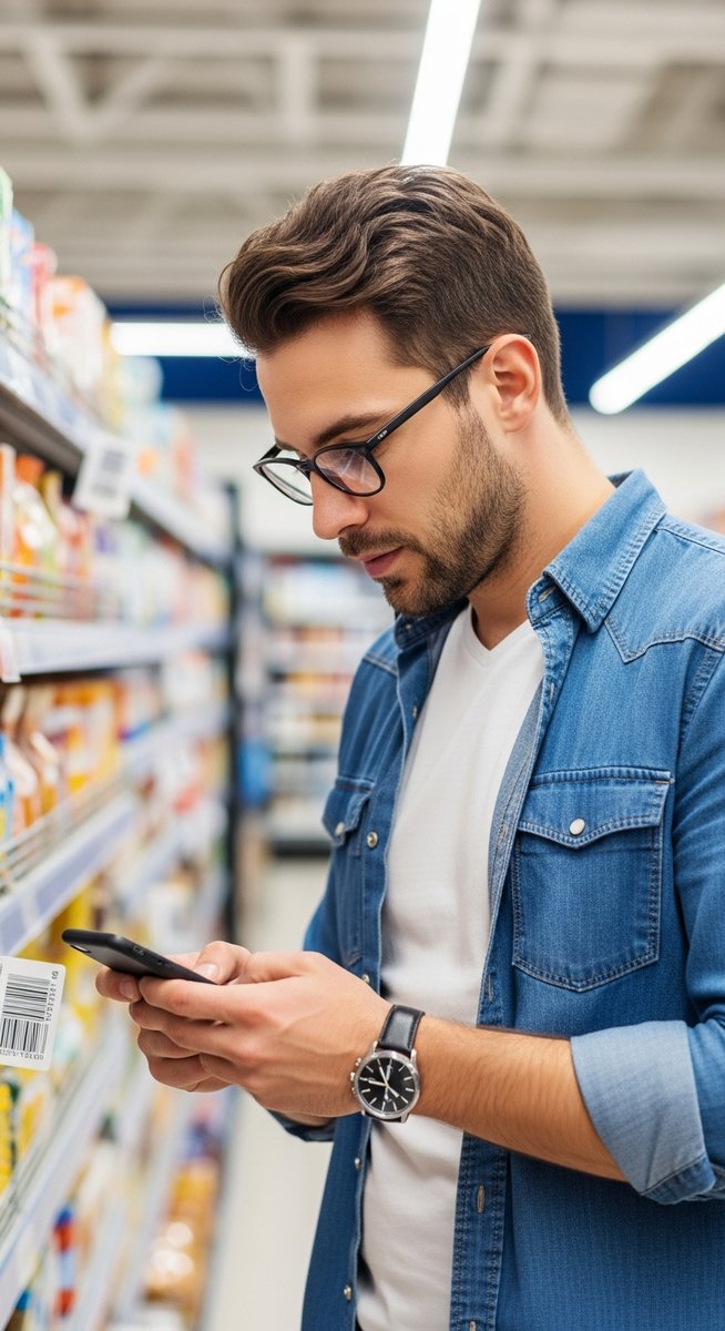 man scanning a product barcode with his smartphone in a supermarket