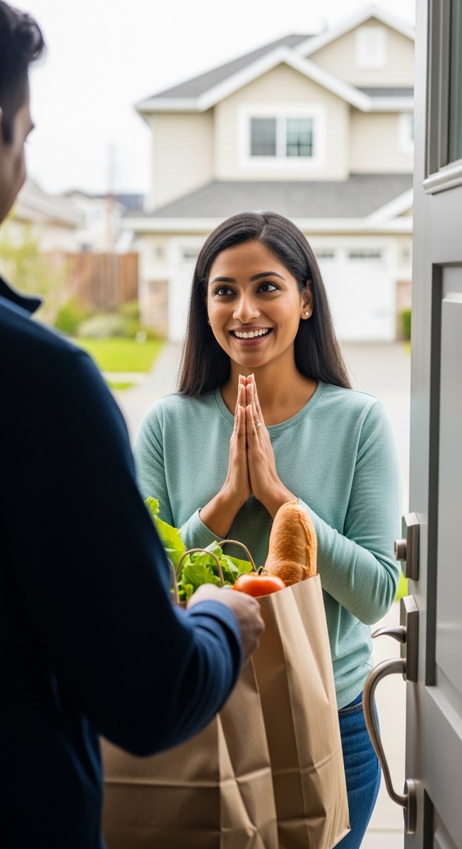 woman receiving grocery bags from a delivery person at her front door