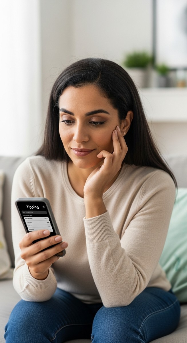 woman looking at a tipping screen on a grocery app on her phone on a sofa