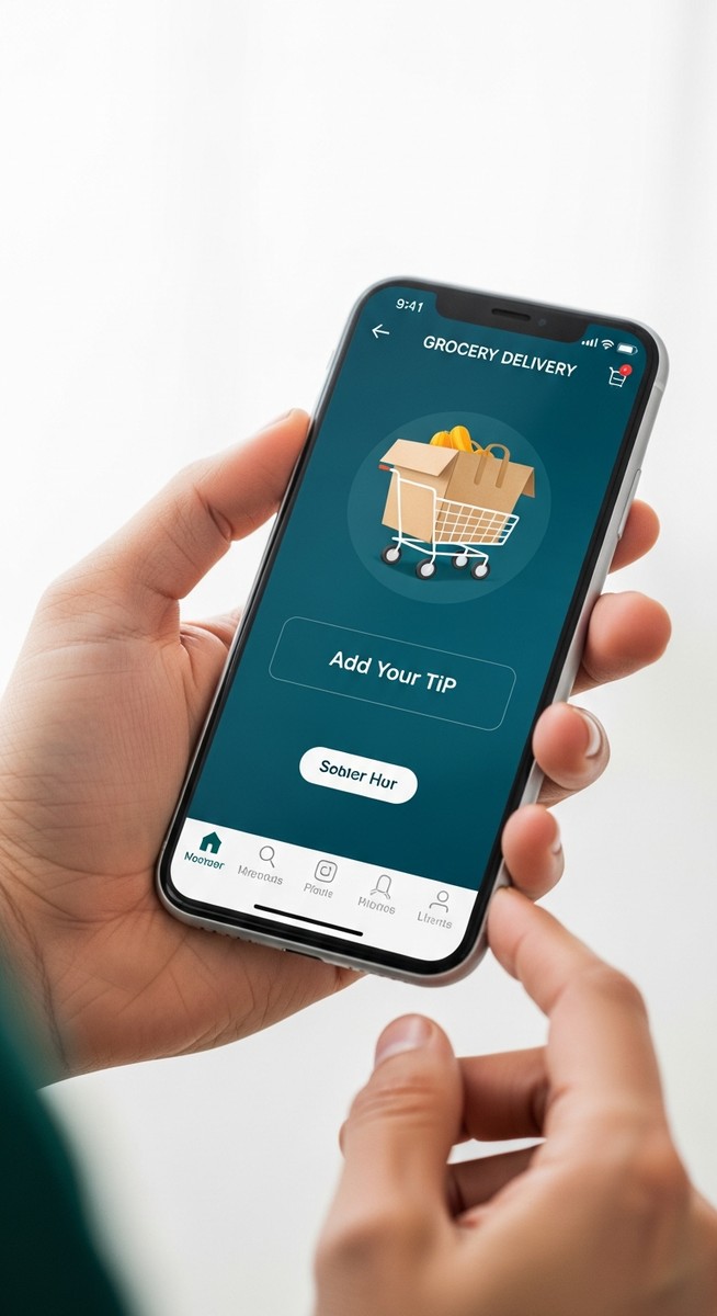 hand holding a smartphone showing a grocery delivery app with a tip prompt on screen