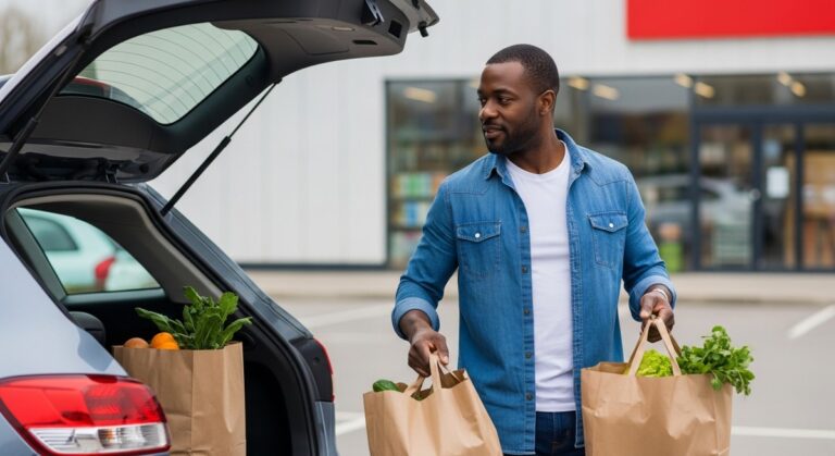 man loading grocery bags into the back of a car in a supermarket car park