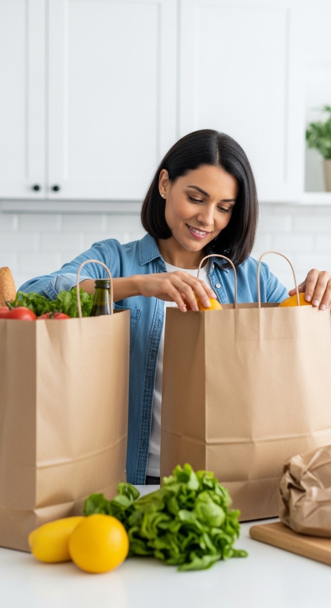 woman unpacking delivered grocery bags at a kitchen counter