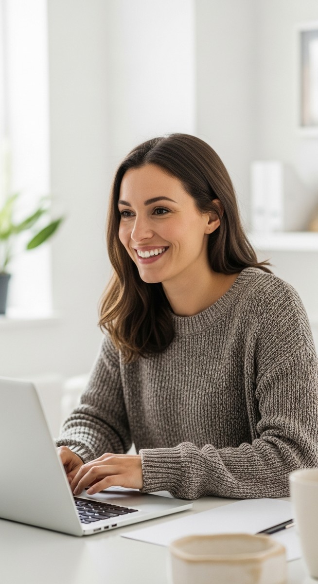 woman working confidently on her laptop at a bright home desk