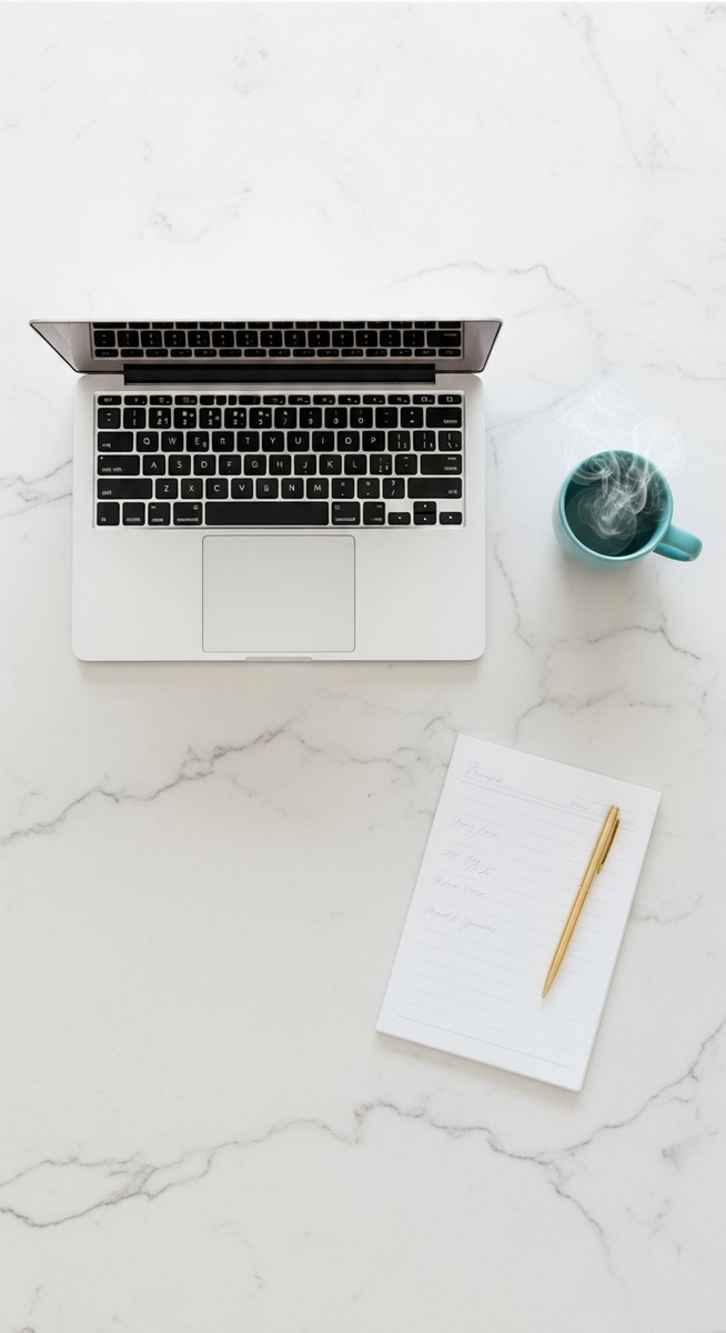 flatlay of a laptop and teal mug on a marble surface