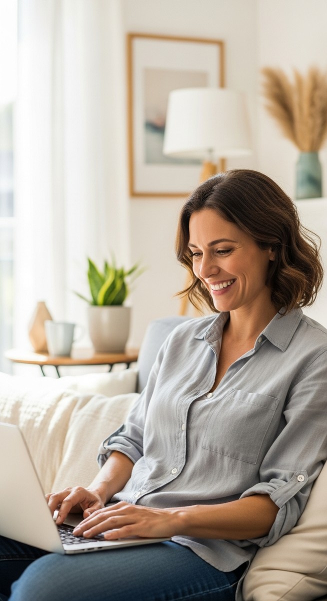 woman smiling while working on her laptop at home