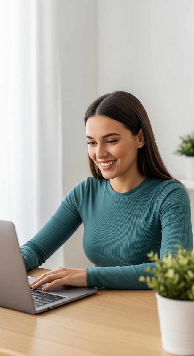 woman looking satisfied at her laptop screen at home
