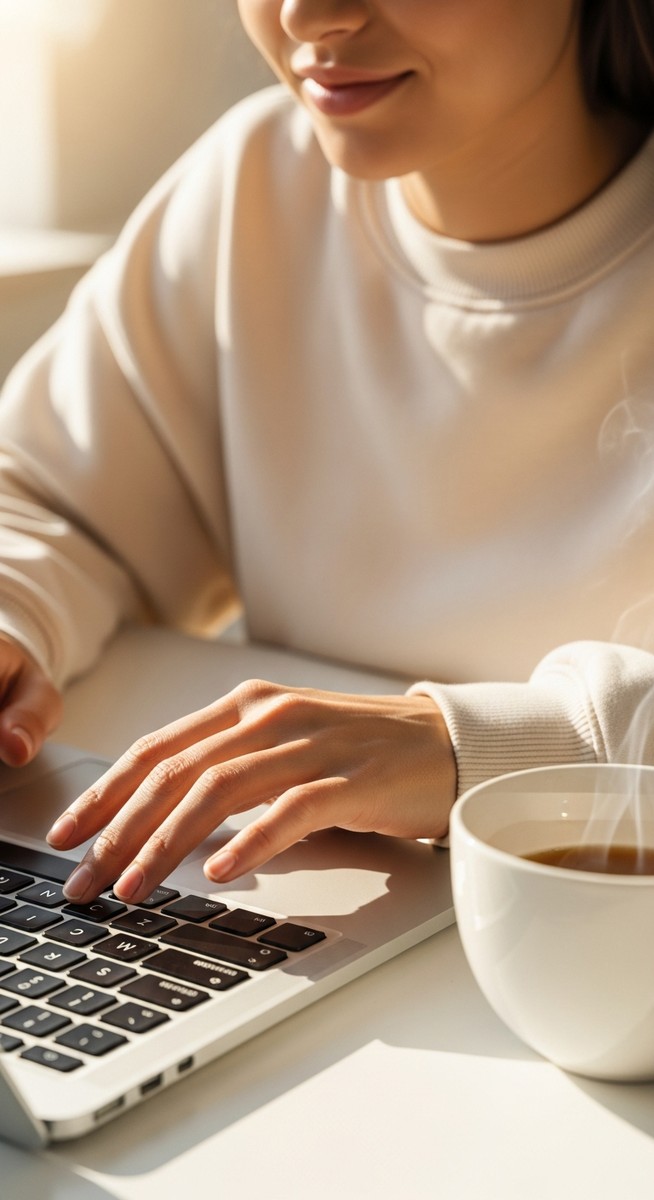 woman typing on a laptop at a bright clean desk