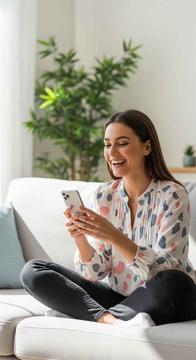 woman smiling at her phone in a bright living room