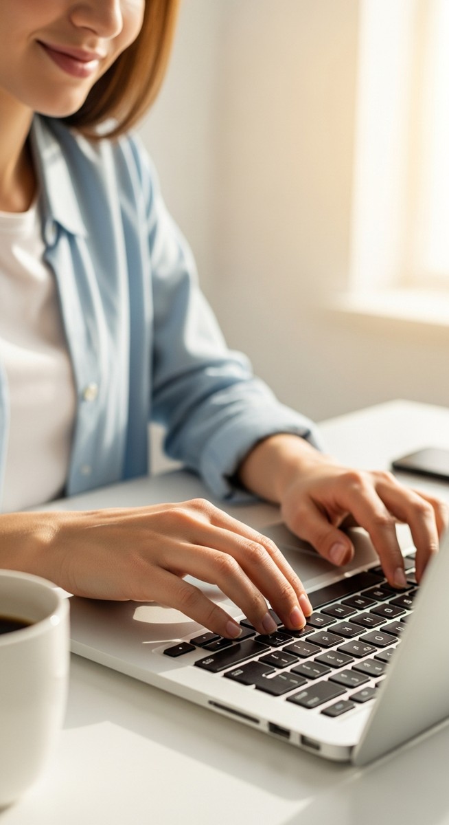 woman typing on a laptop at a bright clean desk