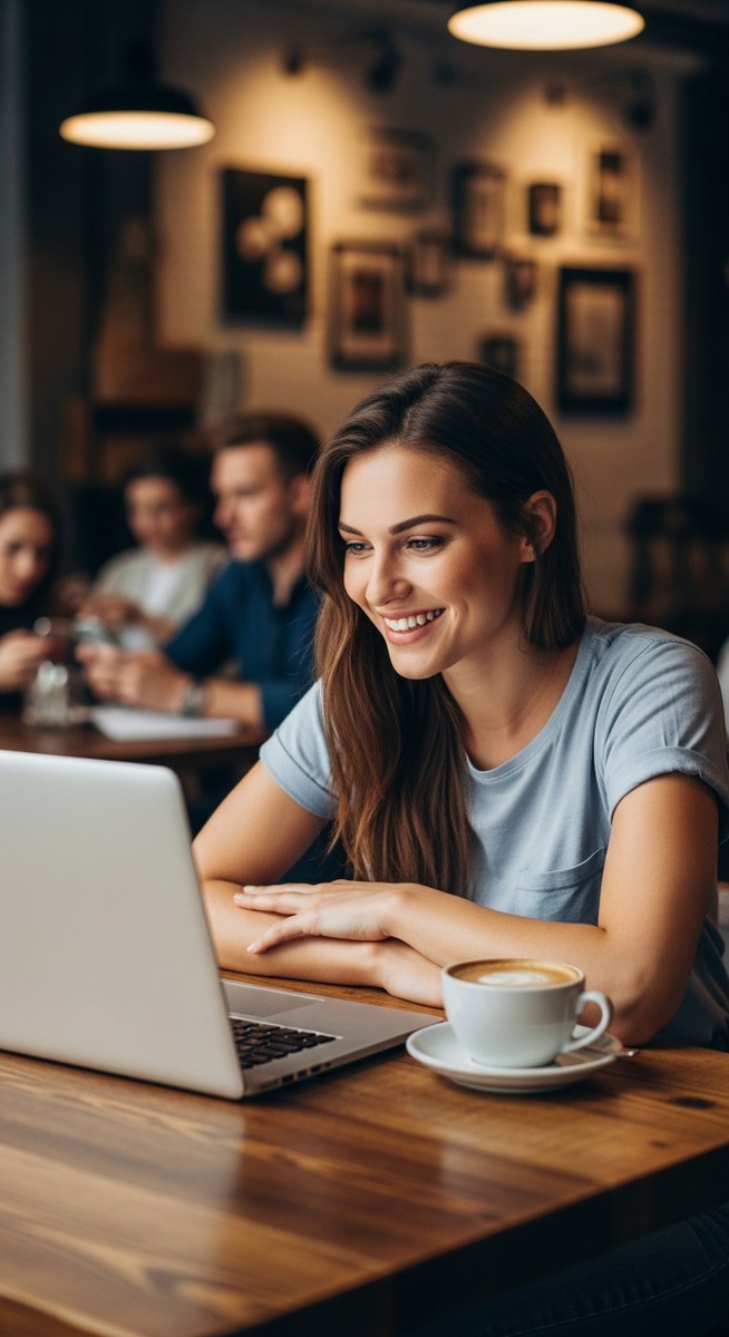 woman working happily on her laptop