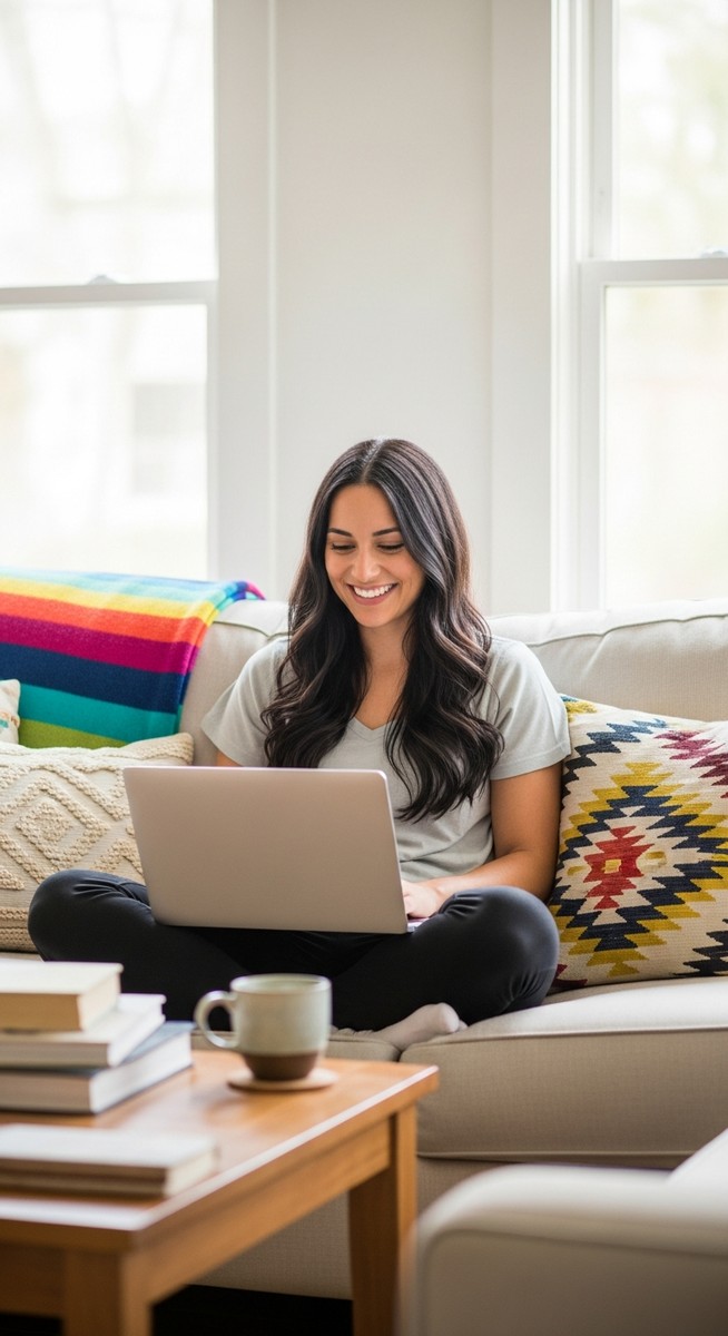 a woman smiling while working on her laptop at home for investing