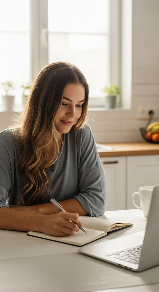 a young woman taking notes next to her laptop at a kitchen table for investing