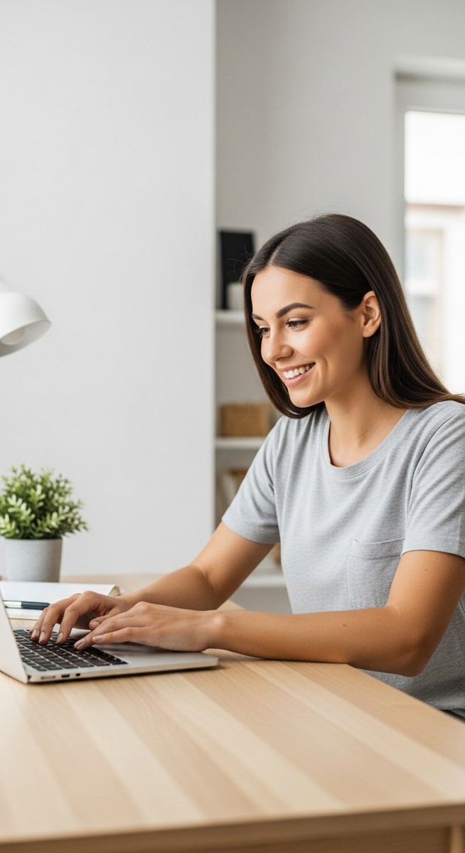 a woman looking satisfied at her laptop screen at home for investing