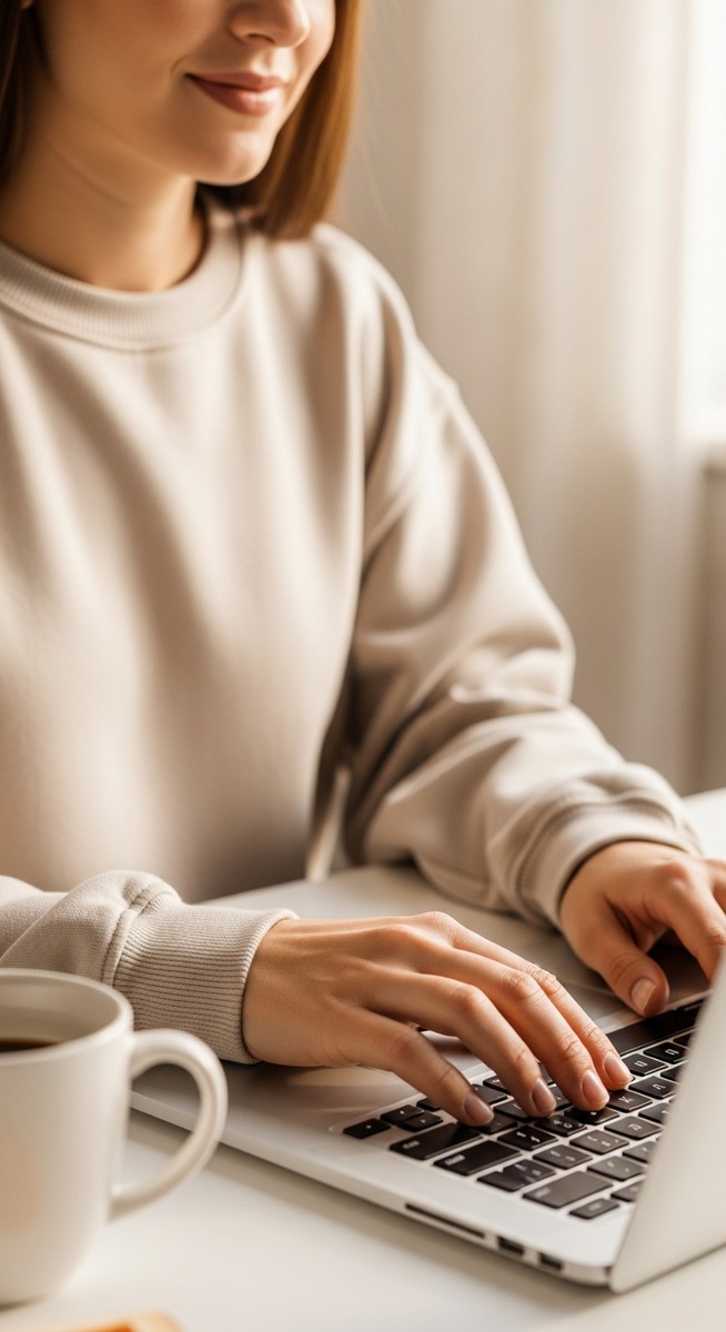 a woman typing on a laptop at a bright clean desk for earning with surveys