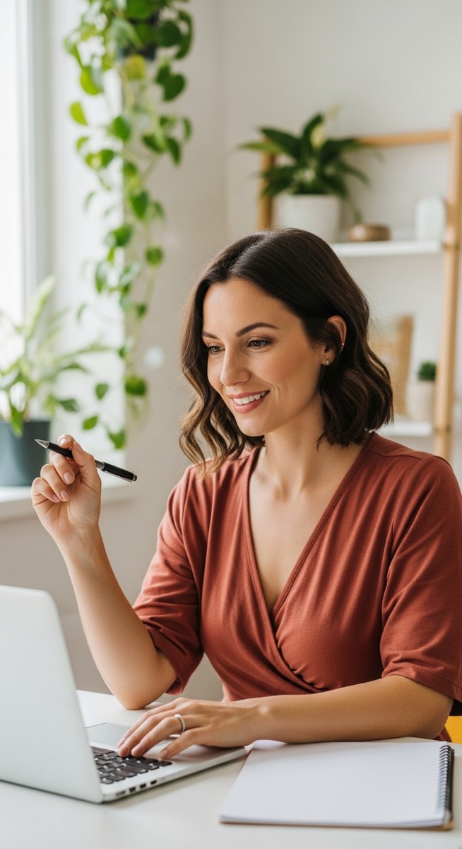 woman smiling and thinking at her home office desk