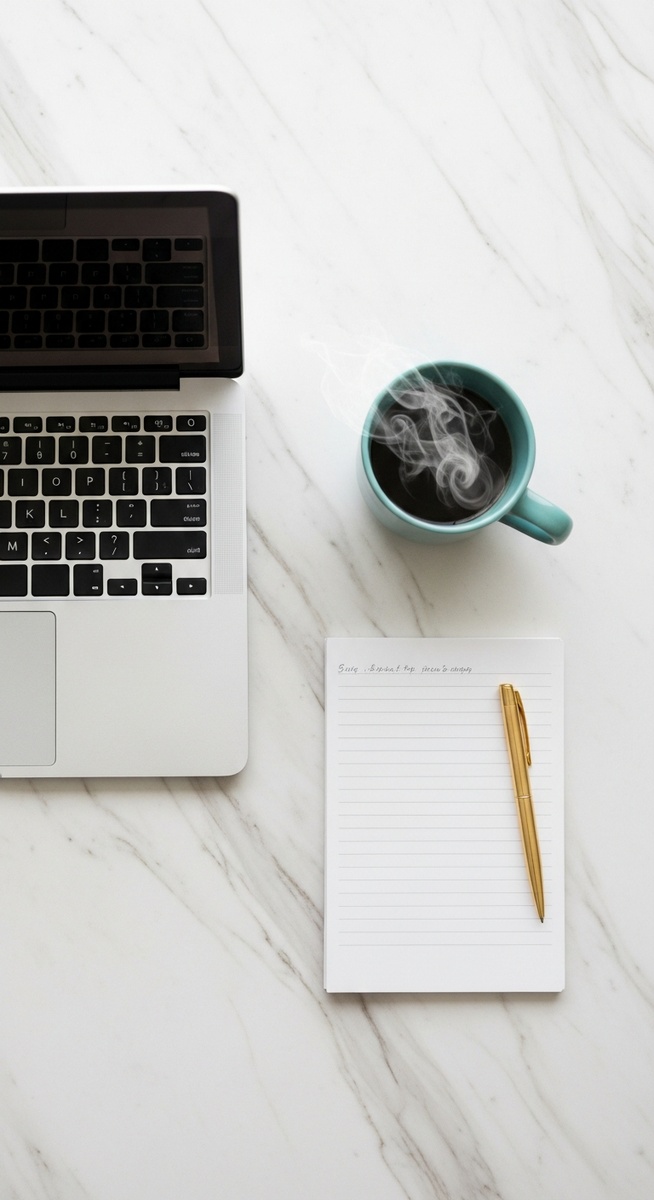 a flatlay of a laptop and teal mug on a marble surface for earning with surveys